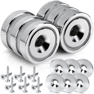Neodymový prstencový magnet v oceľovom puzdre s otvorom pod skrutku 16×5 mm, s podložkou – 6 ks