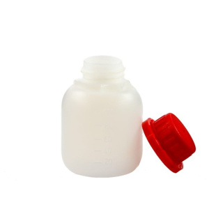 Fľaša HDPE 100 ml s červeným uzáverom s plombou – odolná fľaša na kvapaliny a sypké materiály