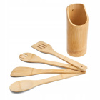 Holz-KÜCHENGESCHIRR SET 2 Schieber, Löffel, Gabel + BAMBUSBEHÄLTER