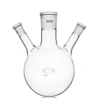 Dreihalsflasche mit rundem Boden und schrägen Seitenhals, 100 ml, Schliffe 29/14/14, GLASSCO, Borosilikatglas (BORO 3.3)